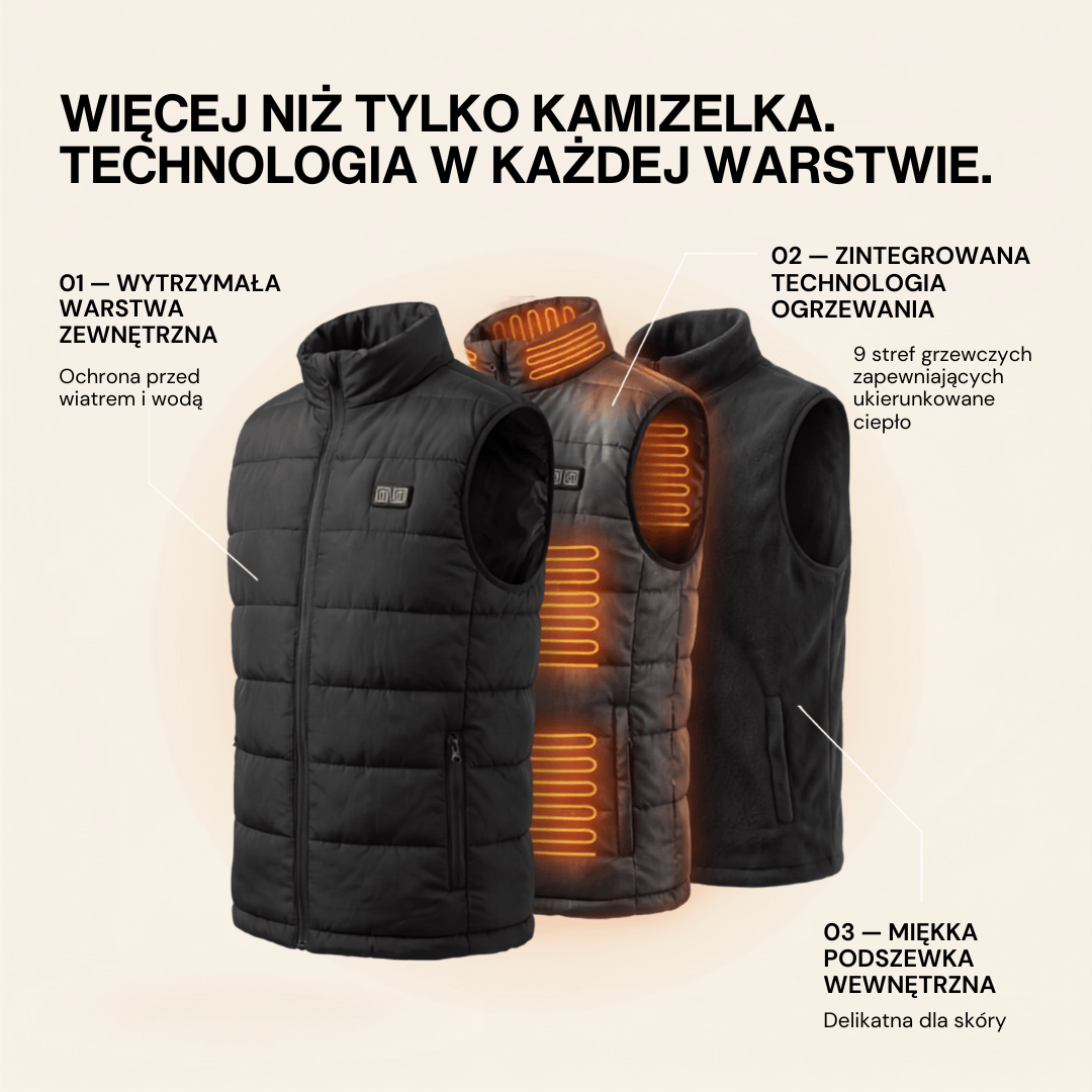 Kamizelka ogrzewająca z 9 strefami – ładowana przez USB i wodoodporna