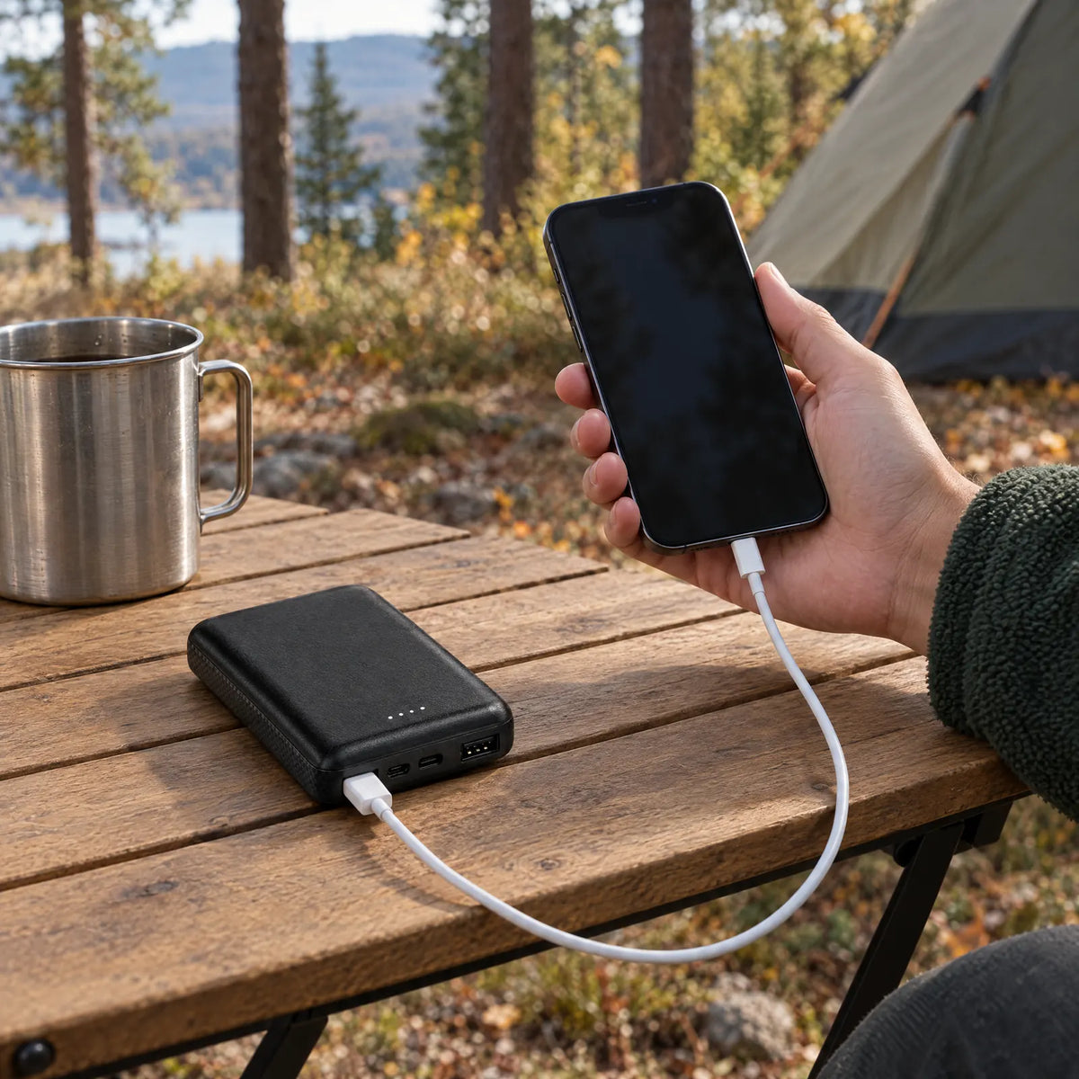 Ładowanie smartfona z powerbanku na kempingu